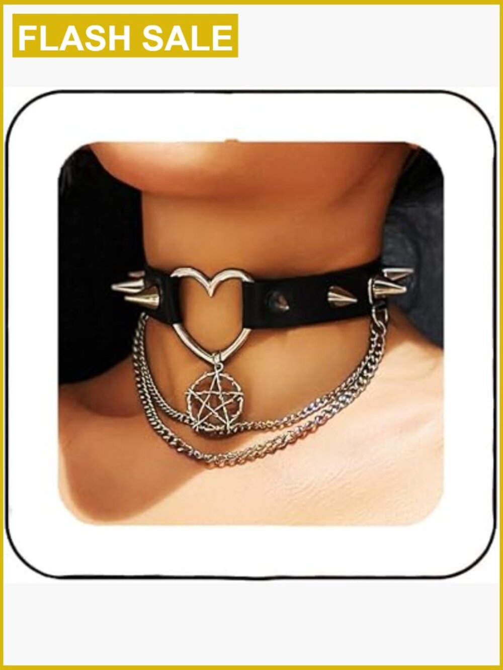 Goth Spiked Choker Necklace with Heart Ring, Pentagram Pendant, PU Leather